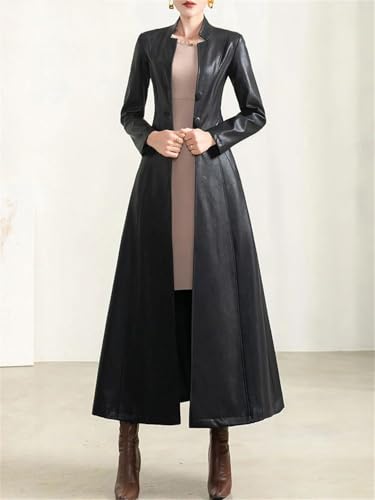 Women's Belted Long-Sleeved Single-Breasted Spring Soft Waterproof Leather Trench Coat