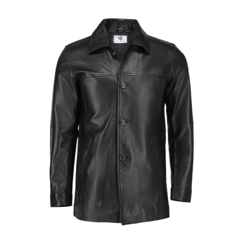 TLC Black Real Leather Trench Coat for Men – 3/4 Length Car Coat – Genuine Lambskin Jacket - Classic Button-Up Soft Coat Men