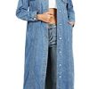 Womens Classic Jean Jacket Plus Size Loose Long Sleeve Button Down Denim Trench Coat