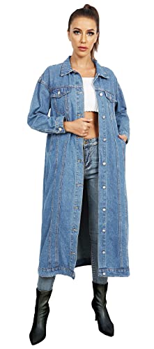 Womens Classic Jean Jacket Plus Size Loose Long Sleeve Button Down Denim Trench Coat