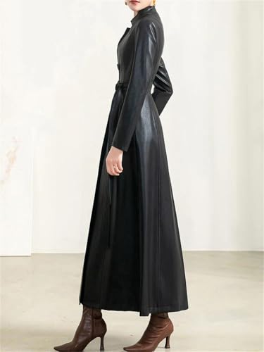 Women's Belted Long-Sleeved Single-Breasted Spring Soft Waterproof Leather Trench Coat