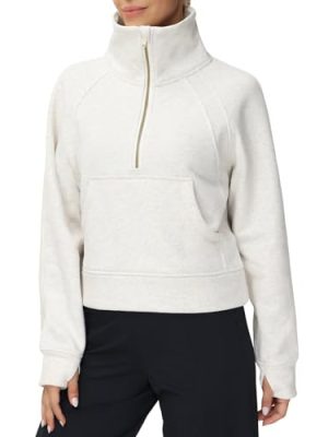 Womens' Half Zip Pullover Fleece Stand Collar Crop Sweatshirt with Pockets Thumb Hole