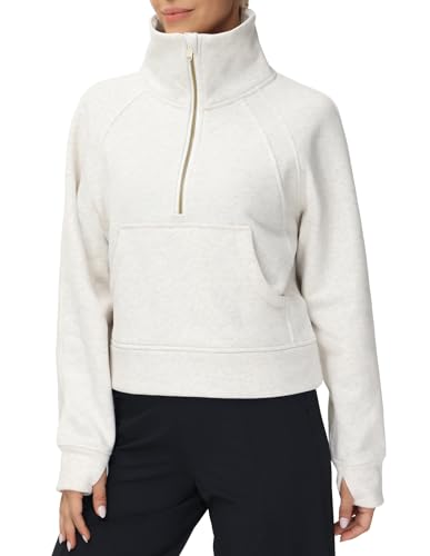 Womens' Half Zip Pullover Fleece Stand Collar Crop Sweatshirt with Pockets Thumb Hole