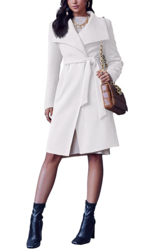 Women's Pea Trench Coat Lapel Collar Long Jacket Open Front Belted Overcoat with Pockets