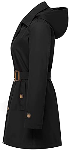 Women's Double Breasted Trench Coats Mid-Length Belted Overcoat Long Dress Jacket with Detachable Hood