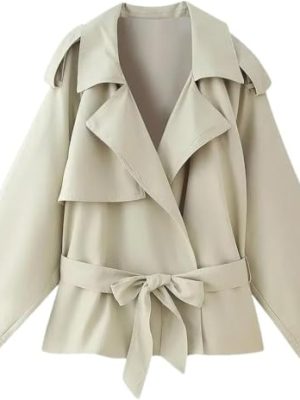 Women's Casual Lightweight Jacket Long Sleeve Lapel Lace Up Trench Coat Solid Color Trendy Outerwear