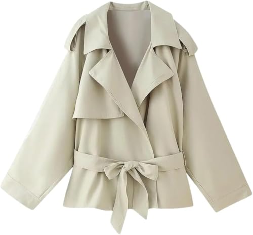 Women's Casual Lightweight Jacket Long Sleeve Lapel Lace Up Trench Coat Solid Color Trendy Outerwear