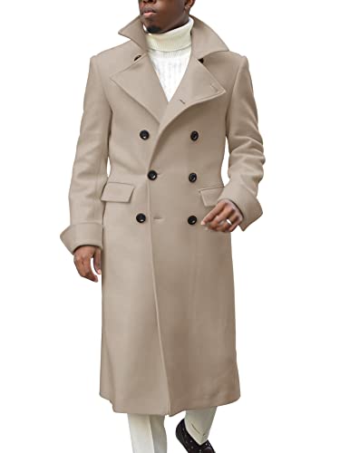 Men's Notch Lapel Double Breasted Long Trench Coat Casual Cotton Blend Peacoat