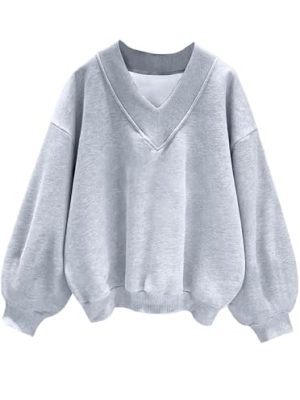 Womens V Neck Oversized Sweatshirts Casual Drop Shoulder Long Sleeve Pullover Tops