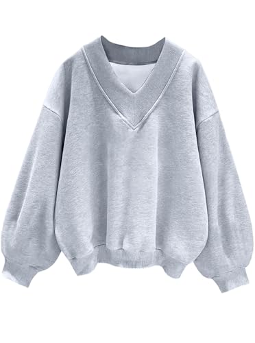 Womens V Neck Oversized Sweatshirts Casual Drop Shoulder Long Sleeve Pullover Tops