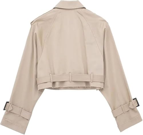Women's Retro Trench Coat Lapel Long Sleeve Buttoned Belt Jacket Solid Color Lightweight Short Outerwear