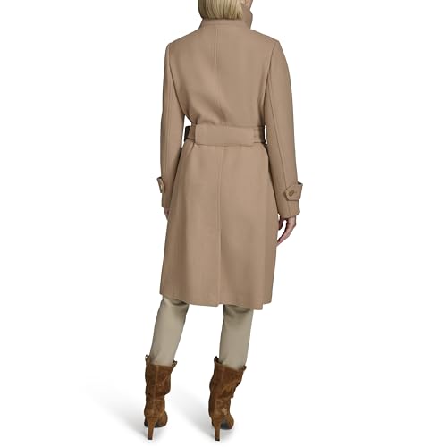 Women's Stand Belted Wool Trench Coat with Soft Ribbed-Knit Collar Detail