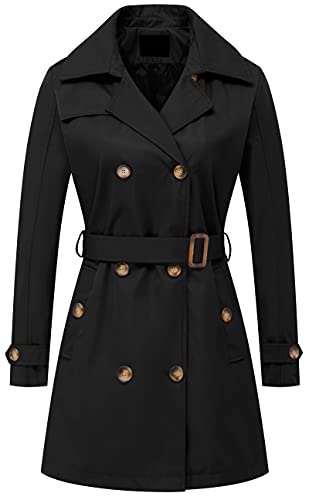 Women's Double Breasted Trench Coats Mid-Length Belted Overcoat Long Dress Jacket with Detachable Hood