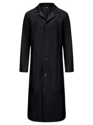 Men's Full Length Faux Leather Trench Coat Vintage Long Coats Fall Winter Windproof Jacket Open Front Cardigan