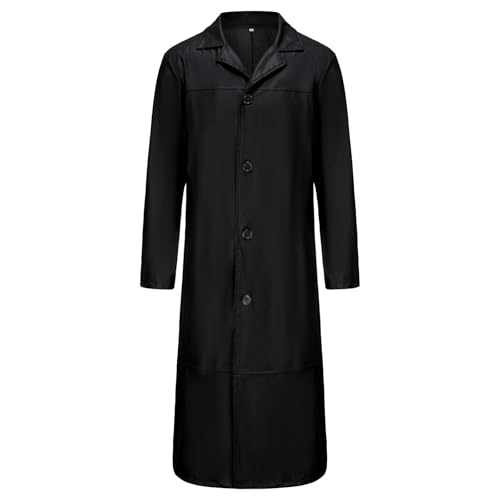 Men's Full Length Faux Leather Trench Coat Vintage Long Coats Fall Winter Windproof Jacket Open Front Cardigan