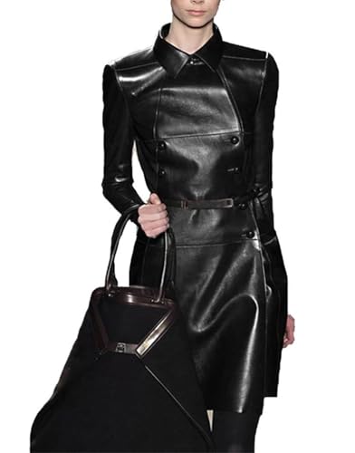 Women's Solid Color Long Sleeve Tie Double-Breasted Long Leather Trench Coat