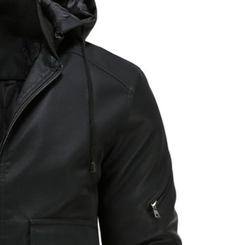 Faux Leather Jacket for Men Vintage Leather Motorcycle Biker Jackets Warm Windproof Zip-Up Hooded Coats Outerwear