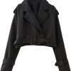 Women's Retro Trench Coat Lapel Long Sleeve Buttoned Belt Jacket Solid Color Lightweight Short Outerwear