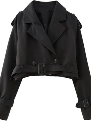 Women's Retro Trench Coat Lapel Long Sleeve Buttoned Belt Jacket Solid Color Lightweight Short Outerwear
