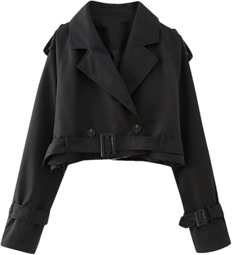Women's Retro Trench Coat Lapel Long Sleeve Buttoned Belt Jacket Solid Color Lightweight Short Outerwear