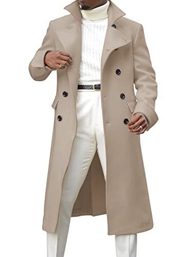 Men's Notch Lapel Double Breasted Long Trench Coat Casual Cotton Blend Peacoat