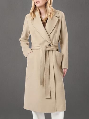 Women's Notch Lapel Collar Pea Coat Long Sleeve Casual Fall Winter Long Overcoat with Belt