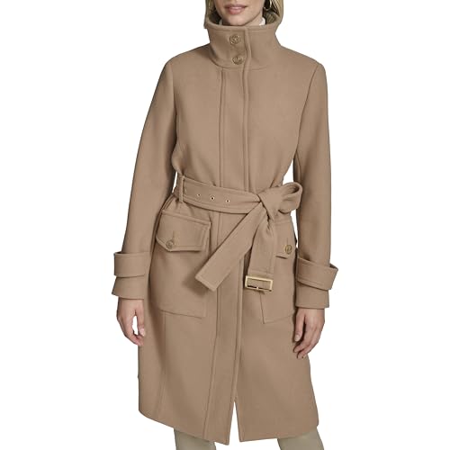 Women's Stand Belted Wool Trench Coat with Soft Ribbed-Knit Collar Detail