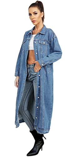 Womens Classic Jean Jacket Plus Size Loose Long Sleeve Button Down Denim Trench Coat