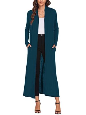 Women Floor Length Open Front Cardigan Lightweight Long Sleeve Maxi Duster with Pockets (S-3XL)