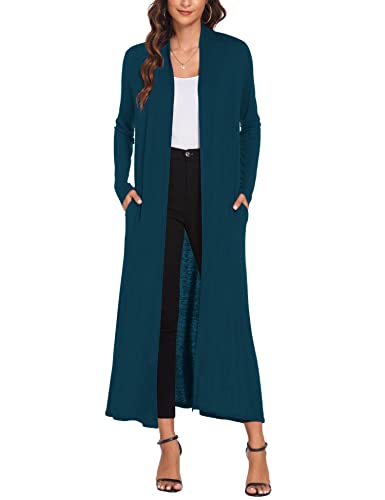 Women Floor Length Open Front Cardigan Lightweight Long Sleeve Maxi Duster with Pockets (S-3XL)