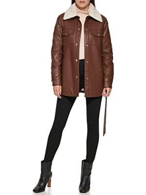 womens Modern Updated Shacket Belted Trench Faux-leather