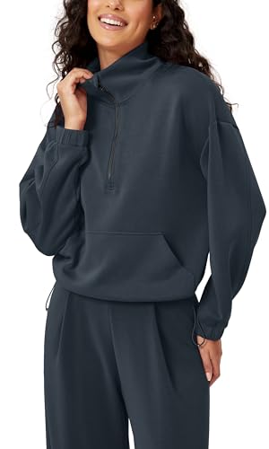 Women's Modal Soft Cinchable Sweatshirts Half Zipper Funnel Neck Oversize Pullover with Pockets