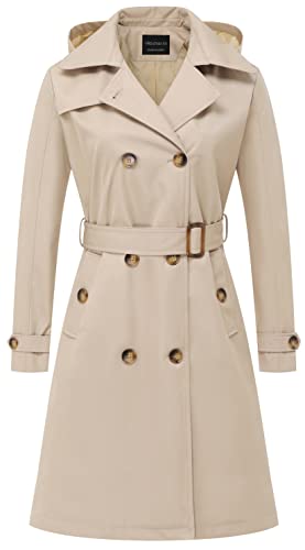 Women's Long Trench Coat Double-Breasted Classic Lapel Overcoat Belted Slim Outerwear Coat with Detachable Hood