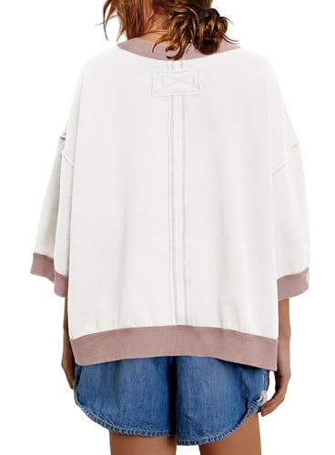 Womens 3/4 Length Sleeve Tops Oversized Fall Sweatshirts Crewneck Striped Shirt Casual Pullover Sweatshirts