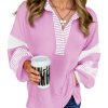 Womens Color Block Oversized Sweatshirt Polo V Neck Long Sleeve Shirts Casual Loose Pullover Tops
