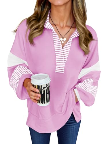 Womens Color Block Oversized Sweatshirt Polo V Neck Long Sleeve Shirts Casual Loose Pullover Tops