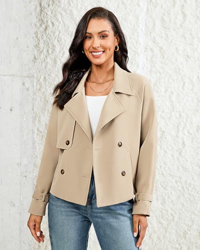Cropped Trench Coat for Women Double Breasted Long Sleeve Work Office Business Casual Fall Short Jackets