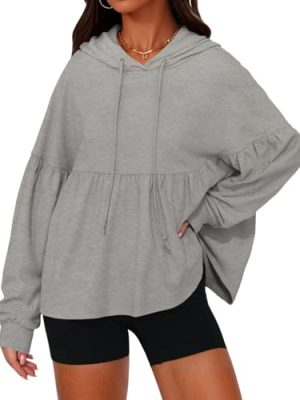 Womens Oversized Hoodies Sweatshirts Casual Lantern Long Sleeve Drawstring Peplum Hem Loose Hooded Pullover Tops