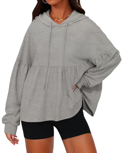 Womens Oversized Hoodies Sweatshirts Casual Lantern Long Sleeve Drawstring Peplum Hem Loose Hooded Pullover Tops