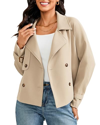 Cropped Trench Coat for Women Double Breasted Long Sleeve Work Office Business Casual Fall Short Jackets