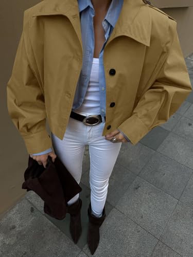 Womens Cropped Trench Coats Pleated Button Down Short Jackets Fall Casual Lapel Loose Fit Outerwears