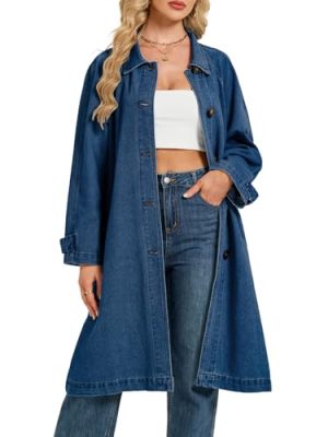 Denim Trench Coat Women Midi Long Jean Jacket Oversized Single Breasted Maxi Duster Overcoat