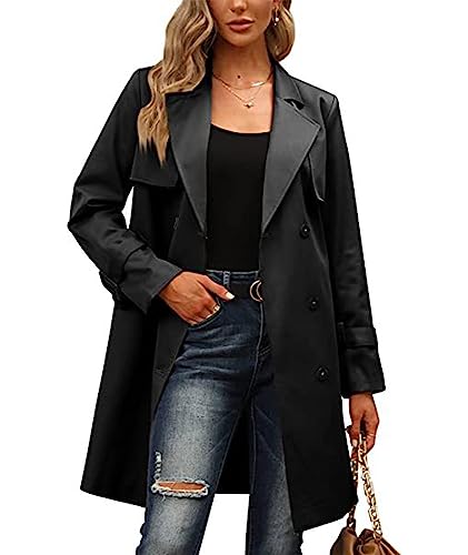Women's Double Breasted Midi Trench Coat Flowy Light Weight Classic Belted Lapel Slim Windproof Overcoat
