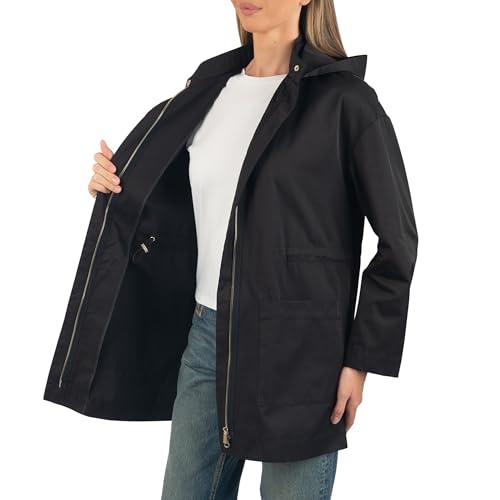 Lorie Womens Rain Jacket Removable Hood Long Rain Coat Trench Coat Windbreaker