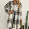 Women's Long Plaid Shirt Jacket Shacket Lapel Button Down Woolen Blend Casual Tartan Over Shirt Trench Coat