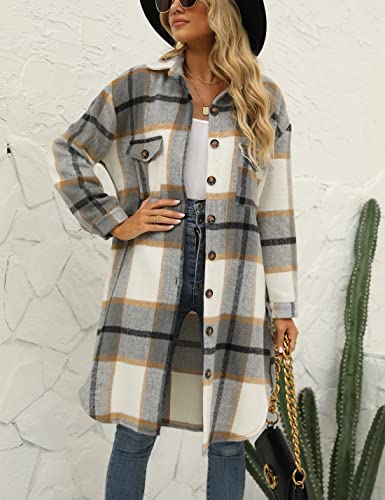 Women's Long Plaid Shirt Jacket Shacket Lapel Button Down Woolen Blend Casual Tartan Over Shirt Trench Coat