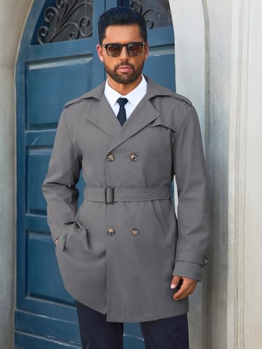 Men's Trench Coat Double Breasted Notched Lapel Long Jacket Belted Windbreaker Casual Slim Fit Overcoat