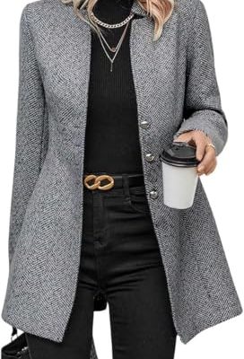 Women's Stand Collar Single Breasted Pea Coat Casual Wool Blend Mid Long Trench Coat Winter Jackets