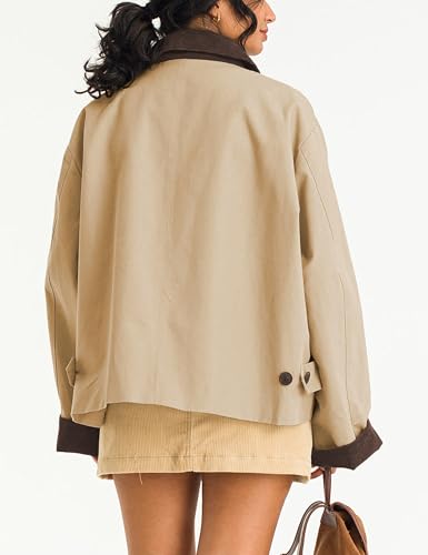 Womens Contrast Collar Jacket Casual Button Down Long Sleeves Crop Trench Coat Outerwear with Pockets