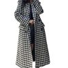 Women's Houndstooth Trench Coat Notch Lapel Double Breasted Quilted Lined Long Jacket Overcoat Pea Coat